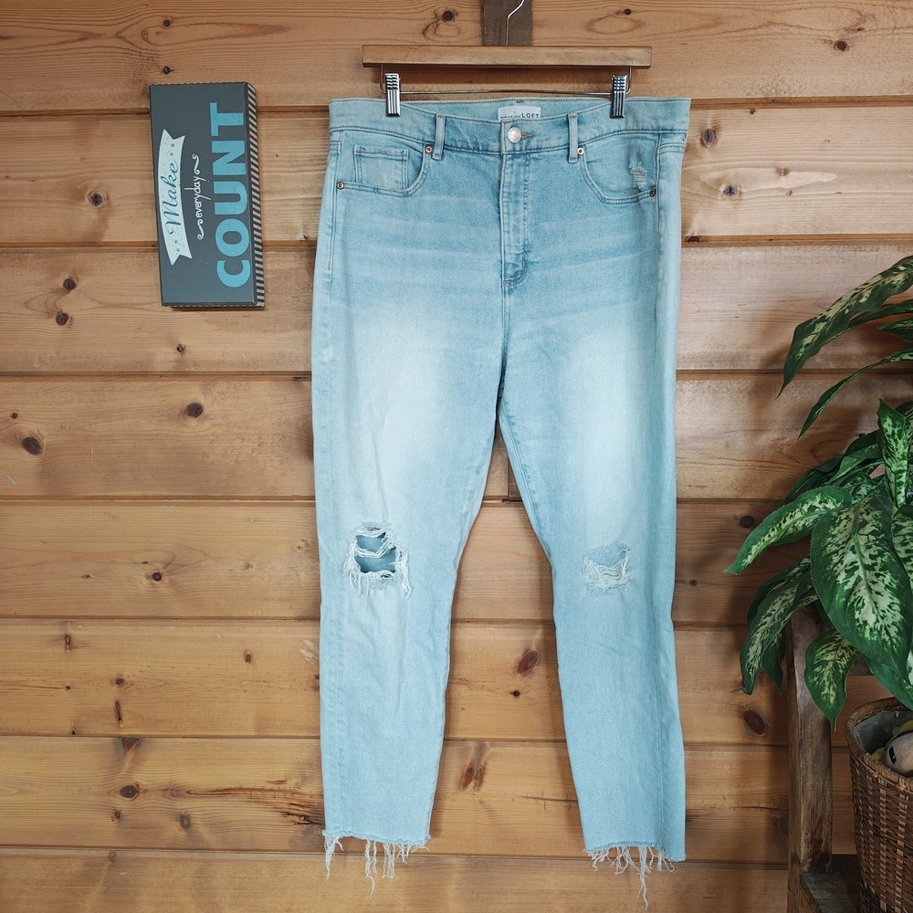 Loft High Waist Skinny Ankle Jeans Stretch Distressed Boho Raw Hem 14(36") X27"